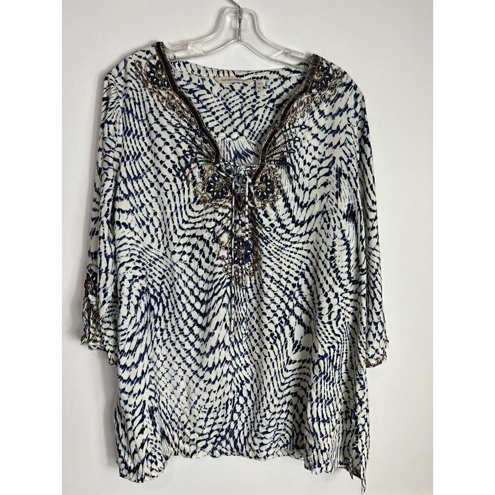 Soft Surroundings Beaded Embellished Large Petite Blue White Blouse Style 35537